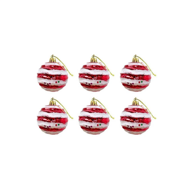 Yılbaşı Topları Kırmızı Beyaz Çizgili Çam Ağacı Süsleri 6 cm 6'lı