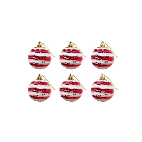 Yılbaşı Topları Kırmızı Beyaz Çizgili Çam Ağacı Süsleri 6 cm 6'lı