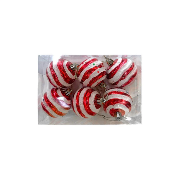 Yılbaşı Topları Kırmızı Beyaz Çizgili Çam Ağacı Süsleri 6 cm 6'lı