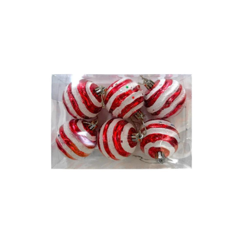 Yılbaşı Topları Kırmızı Beyaz Çizgili Çam Ağacı Süsleri 6 cm 6'lı