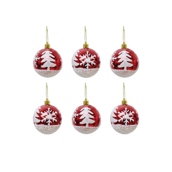 Yılbaşı Topları Beyaz Kar Tanesi Desenli Çam Ağacı Süsleri Kırmızı 6 cm 6'lı