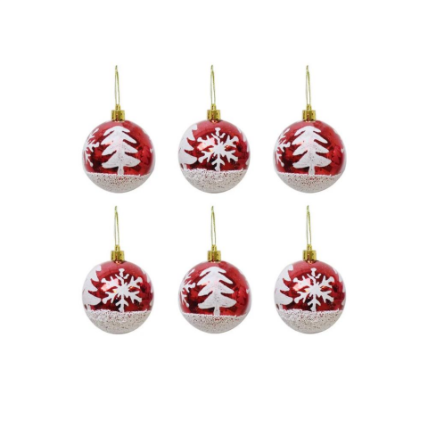 Yılbaşı Topları Beyaz Kar Tanesi Desenli Çam Ağacı Süsleri Kırmızı 6 cm 6'lı