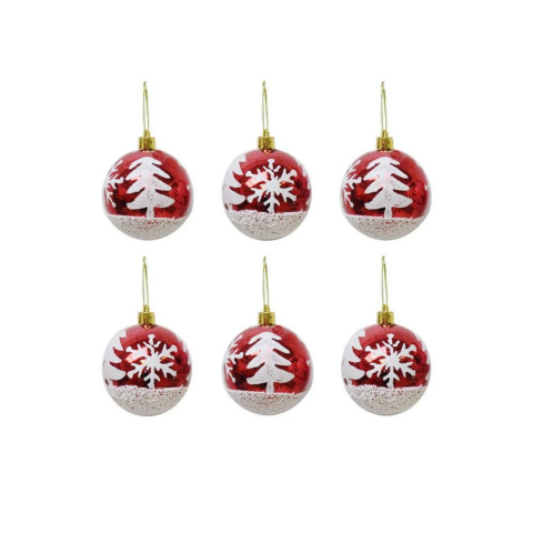 Yılbaşı Topları Beyaz Kar Tanesi Desenli Çam Ağacı Süsleri Kırmızı 6 cm 6'lı