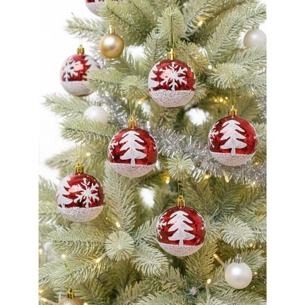 Yılbaşı Topları Beyaz Kar Tanesi Desenli Çam Ağacı Süsleri Kırmızı 6 cm 6'lı
