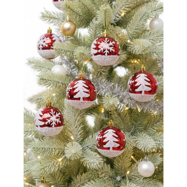 Yılbaşı Topları Beyaz Kar Tanesi Desenli Çam Ağacı Süsleri Kırmızı 6 cm 6'lı