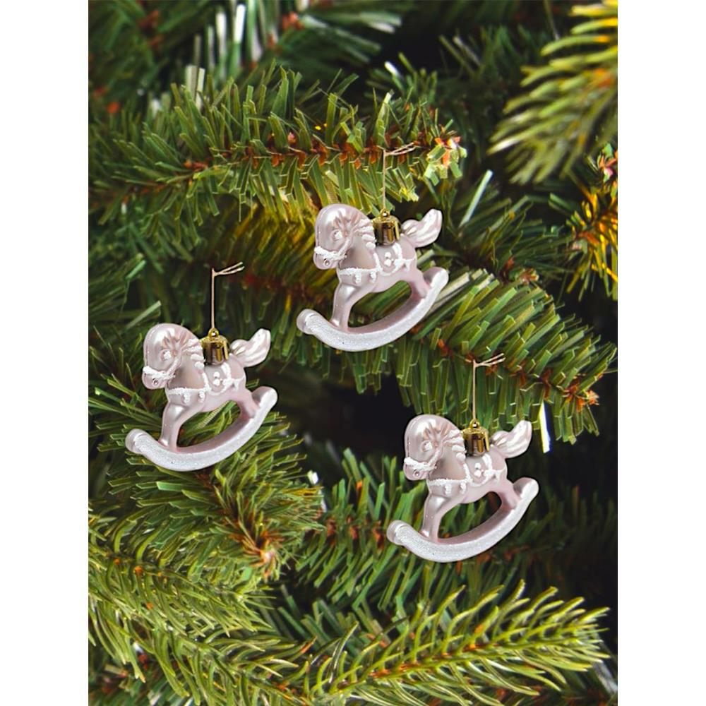 Yılbaşı Ağaç Süsleri Sallanan At Figürlü Asılabilir Dekoratif Süs Soft Pembe 7 cm 3'lü