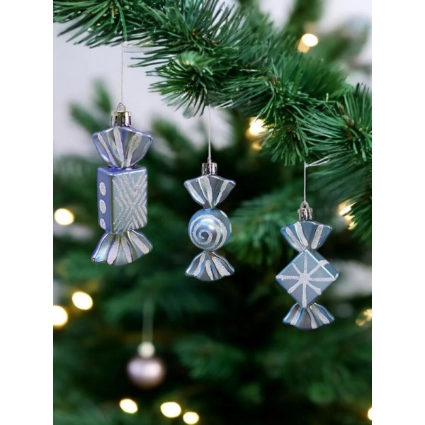 Yılbaşı Ağaç Süsleri Şeker Figürlü Asılabilir Dekoratif Süs Mavi 9 cm 3'lü