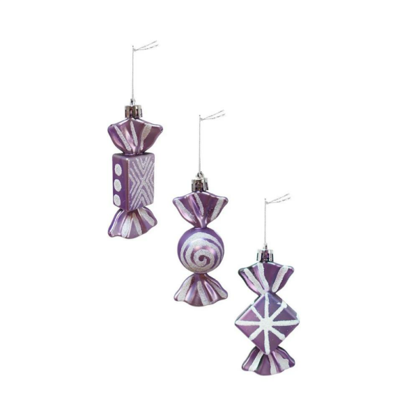 Yılbaşı Ağaç Süsleri Şeker Figürlü Asılabilir Dekoratif Süs Lila 9 cm 3'lü