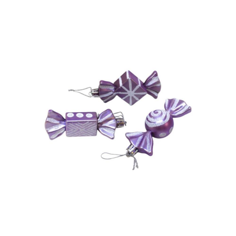 Yılbaşı Ağaç Süsleri Şeker Figürlü Asılabilir Dekoratif Süs Lila 9 cm 3'lü