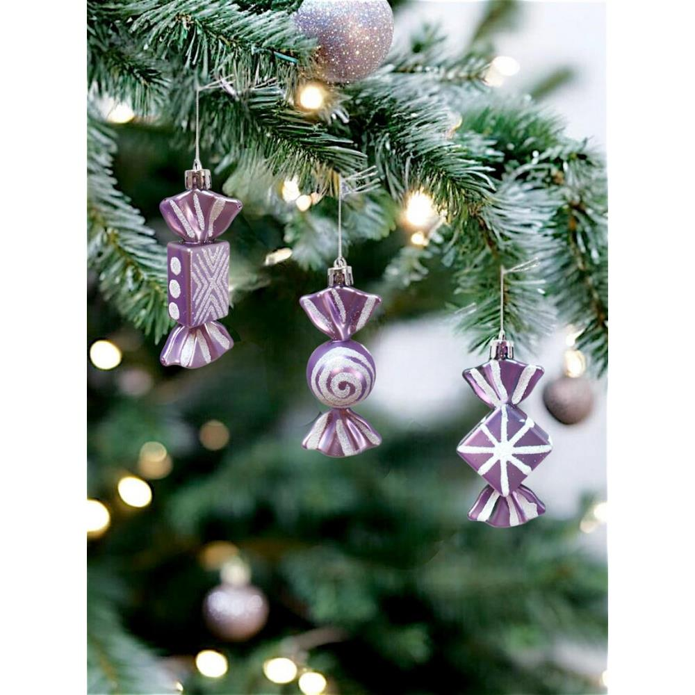 Yılbaşı Ağaç Süsleri Şeker Figürlü Asılabilir Dekoratif Süs Lila 9 cm 3'lü