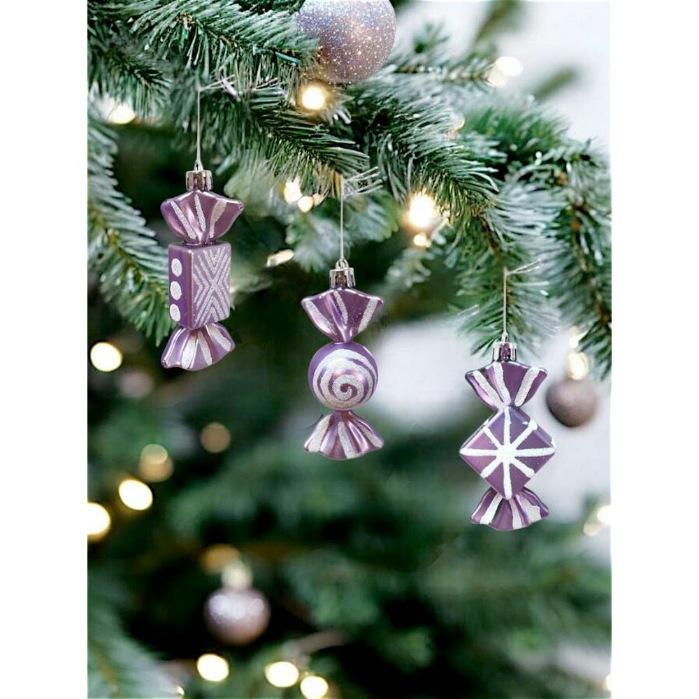 Yılbaşı Ağaç Süsleri Şeker Figürlü Asılabilir Dekoratif Süs Lila 9 cm 3'lü