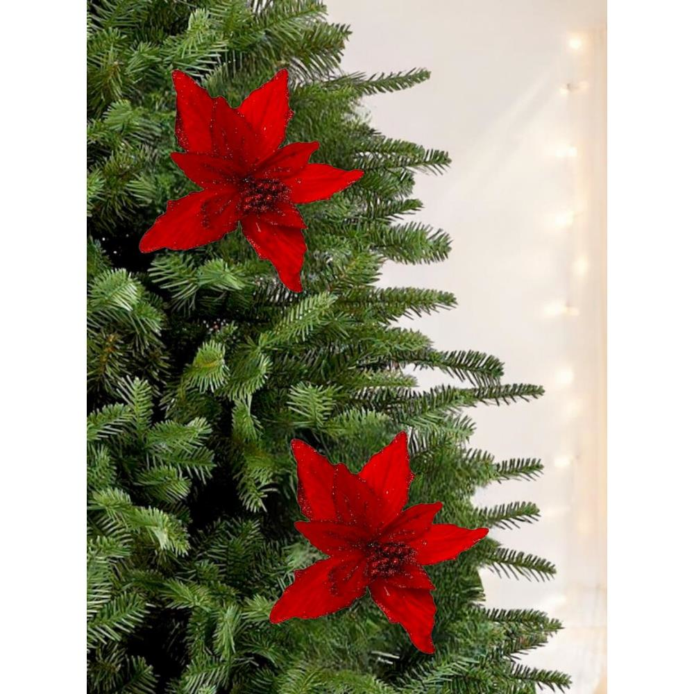 Yılbaşı Ağacı Dekor Süsü Simli Puansetya Atatürk Çiçeği Kırmızı 20 cm