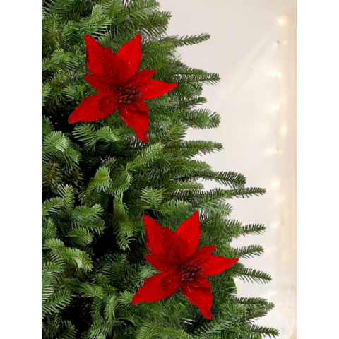 Yılbaşı Ağacı Dekor Süsü Simli Puansetya Atatürk Çiçeği Kırmızı 20 cm