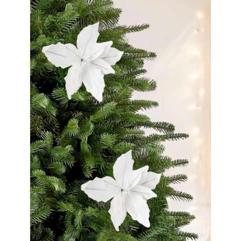 Yılbaşı Ağacı Dekor Süsü Simli Puansetya Atatürk Çiçeği Beyaz 20 cm