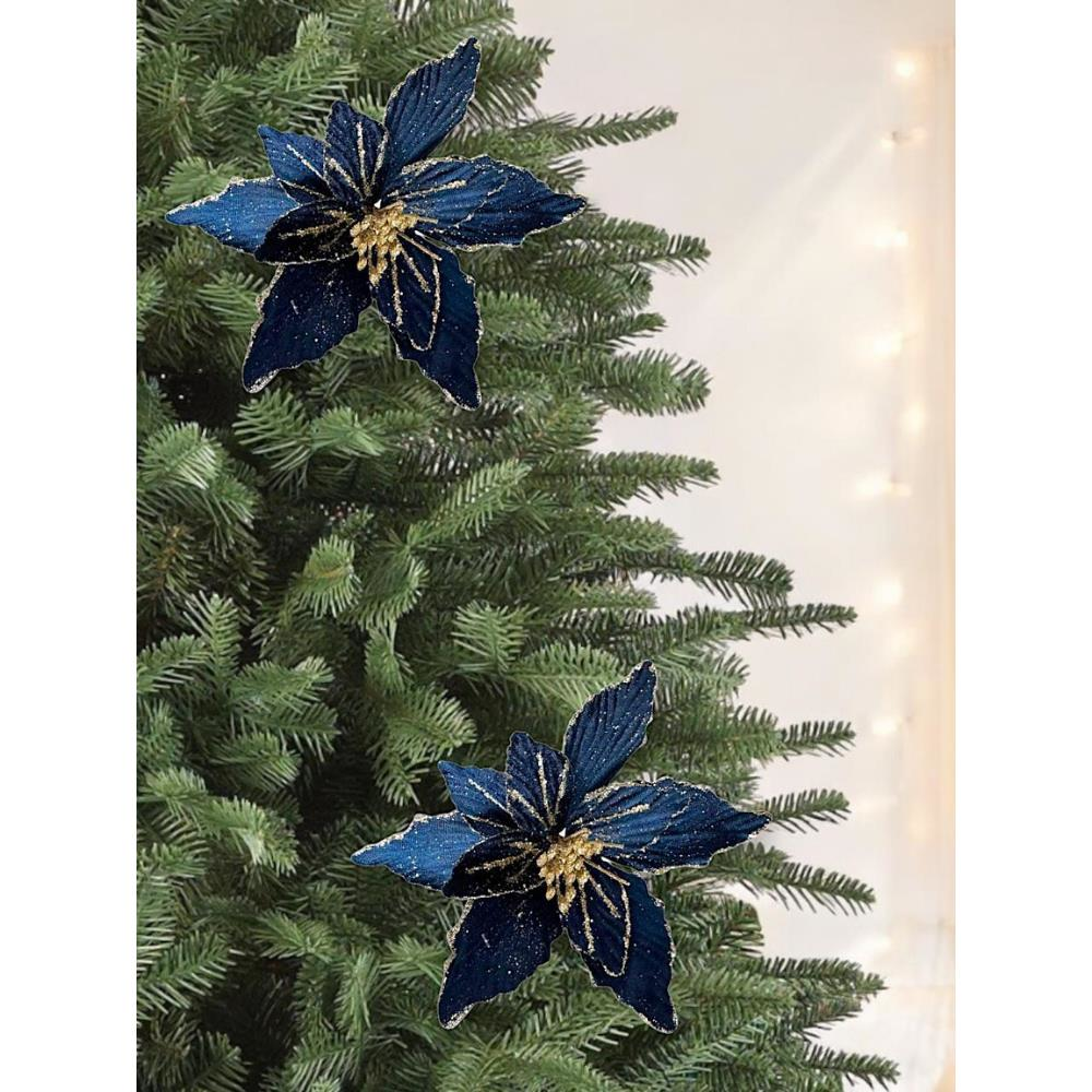 Yılbaşı Ağacı Dekor Süsü Simli Puansetya Atatürk Çiçeği Saks Mavi 20 cm