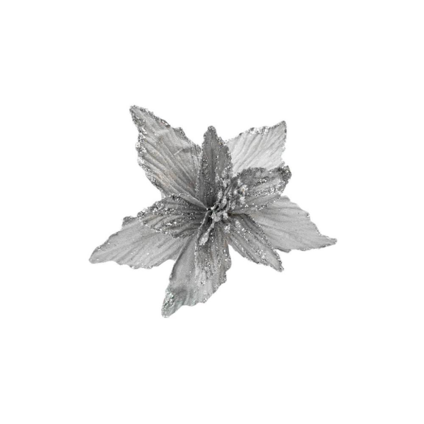 Yılbaşı Ağacı Dekor Süsü Simli Puansetya Atatürk Çiçeği Gümüş 20 cm