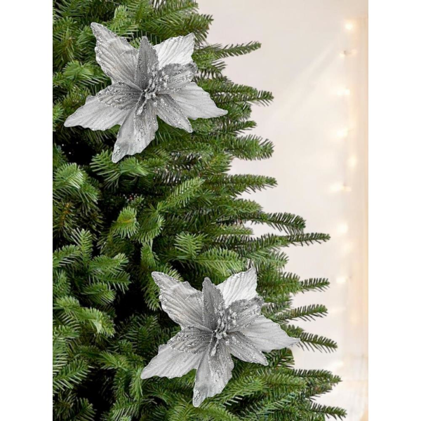 Yılbaşı Ağacı Dekor Süsü Simli Puansetya Atatürk Çiçeği Gümüş 20 cm