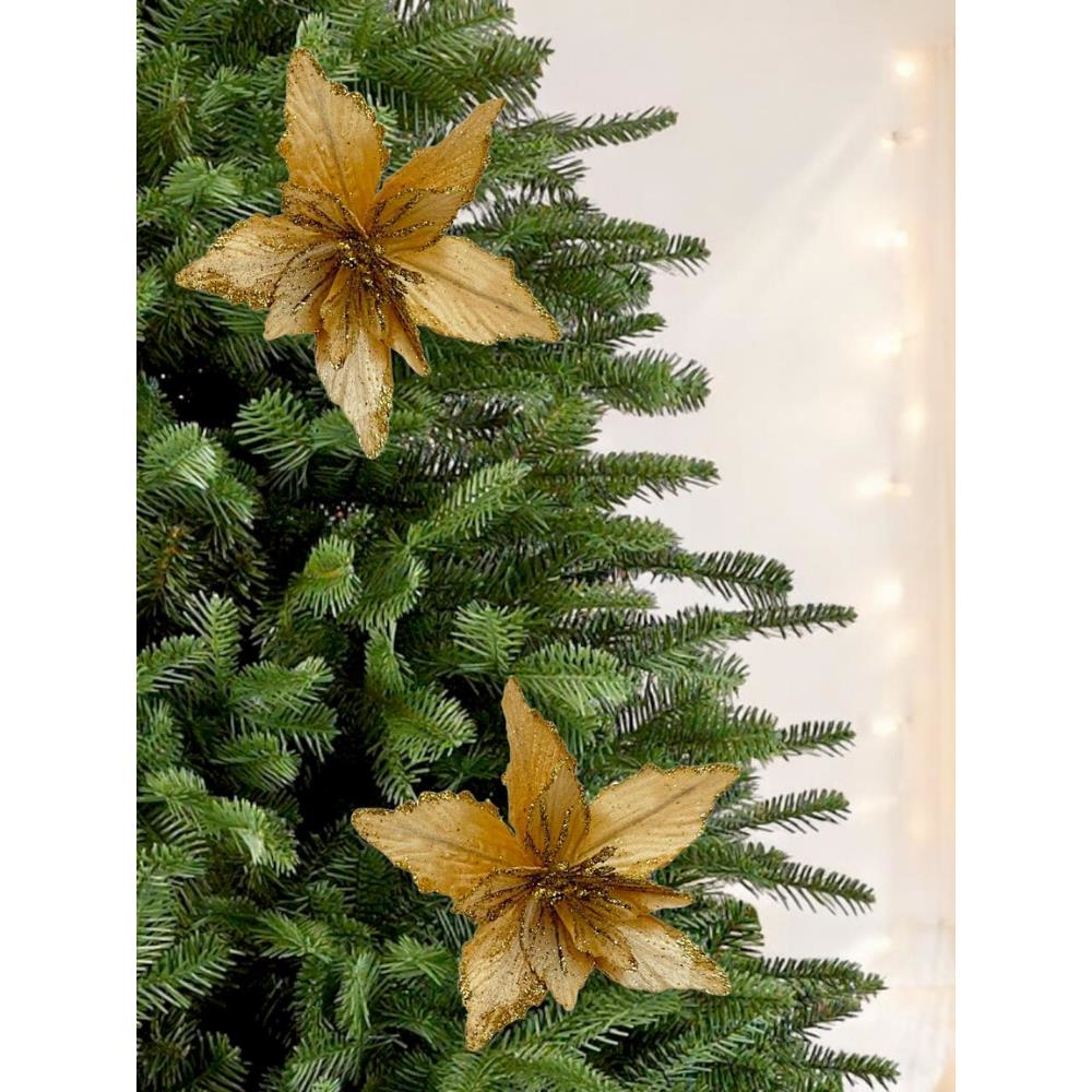 Yılbaşı Ağacı Dekor Süsü Simli Puansetya Atatürk Çiçeği Altın 20 cm