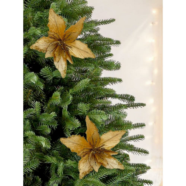 Yılbaşı Ağacı Dekor Süsü Simli Puansetya Atatürk Çiçeği Altın 20 cm