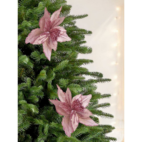 Yılbaşı Ağacı Dekor Süsü Simli Puansetya Atatürk Çiçeği Pembe 20 cm