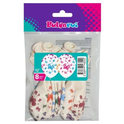 Çepeçevre Renkli Kelebekler Bask. 12'' Balon 8'li