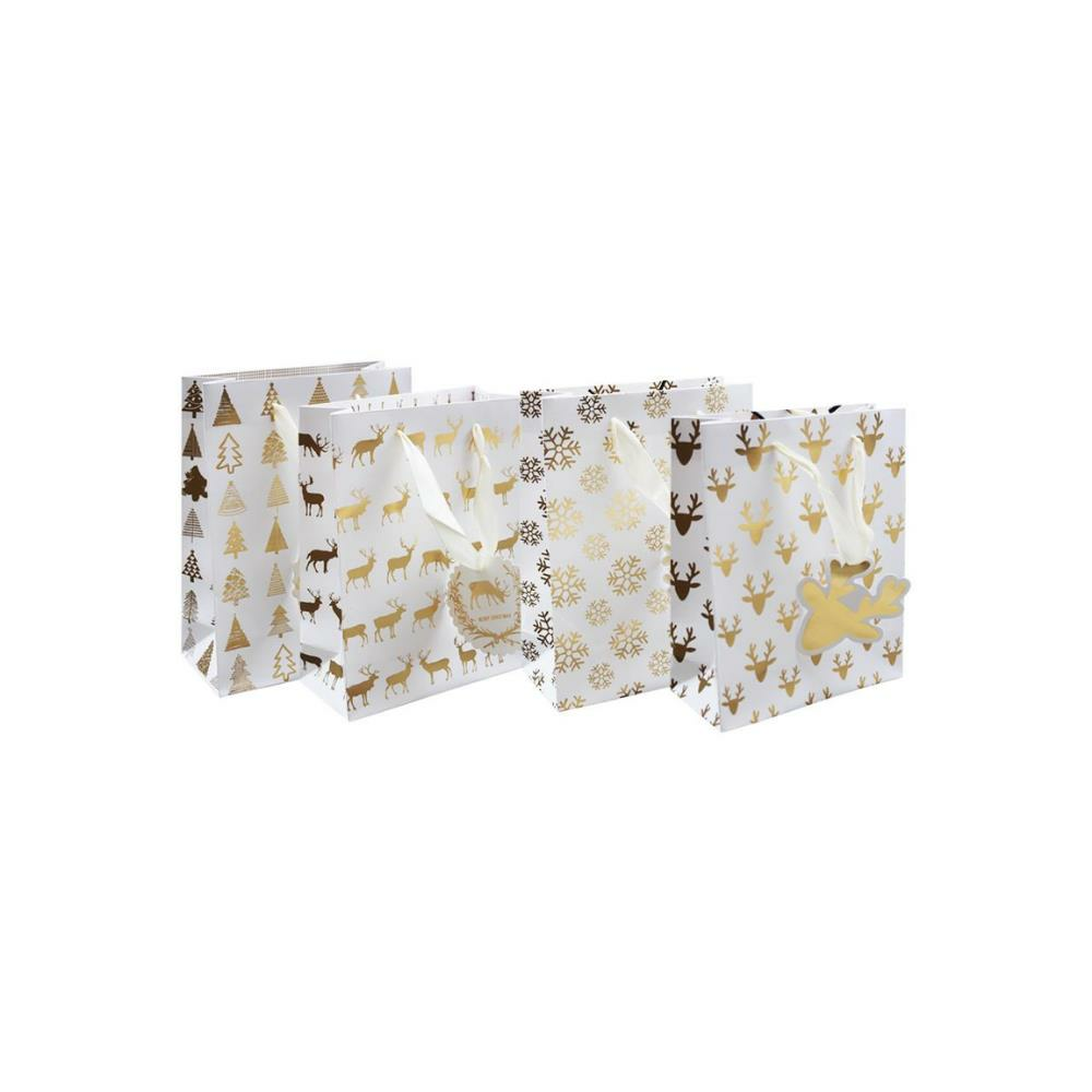 Yılbaşı Hediye Çantası Karışık Desenli Altın Varak Baskılı Karton Çanta 26x32x10cm