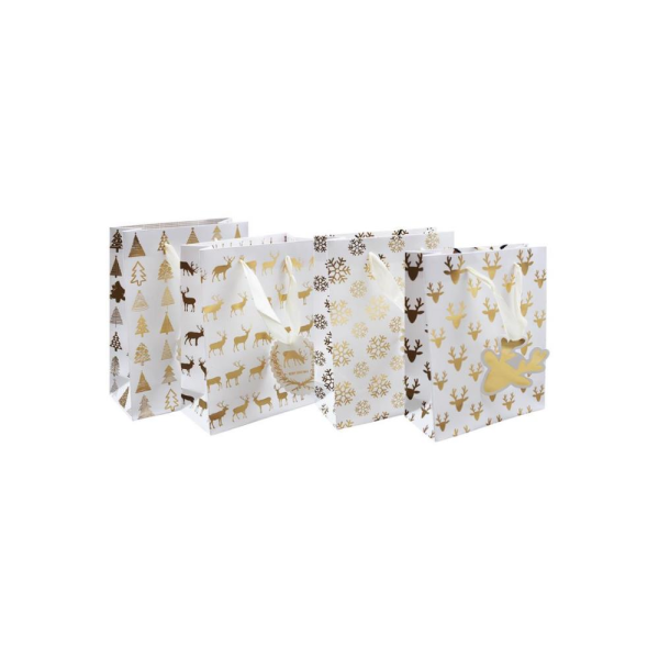 Yılbaşı Hediye Çantası Karışık Desenli Altın Varak Baskılı Karton Çanta 26x32x10cm 12'li