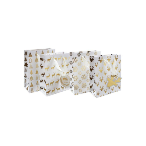 Yılbaşı Hediye Çantası Karışık Desenli Altın Varak Baskılı Karton Çanta 26x32x10cm