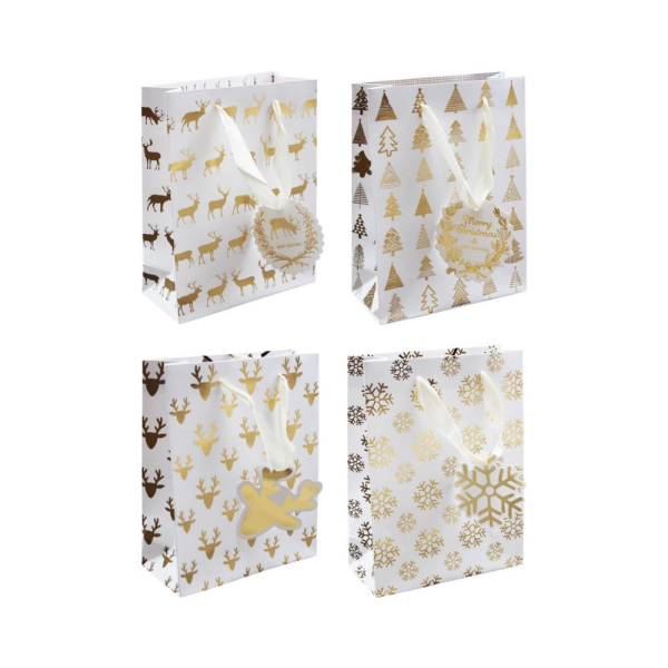 Yılbaşı Hediye Çantası Karışık Desenli Altın Varak Baskılı Karton Çanta 26x32x10cm 12'li