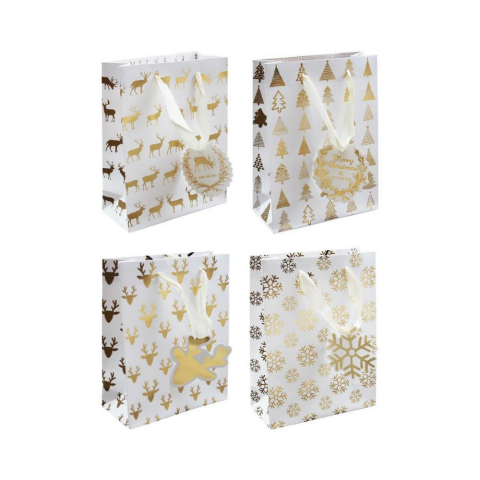 Yılbaşı Hediye Çantası Karışık Desenli Altın Varak Baskılı Karton Çanta 26x32x10cm