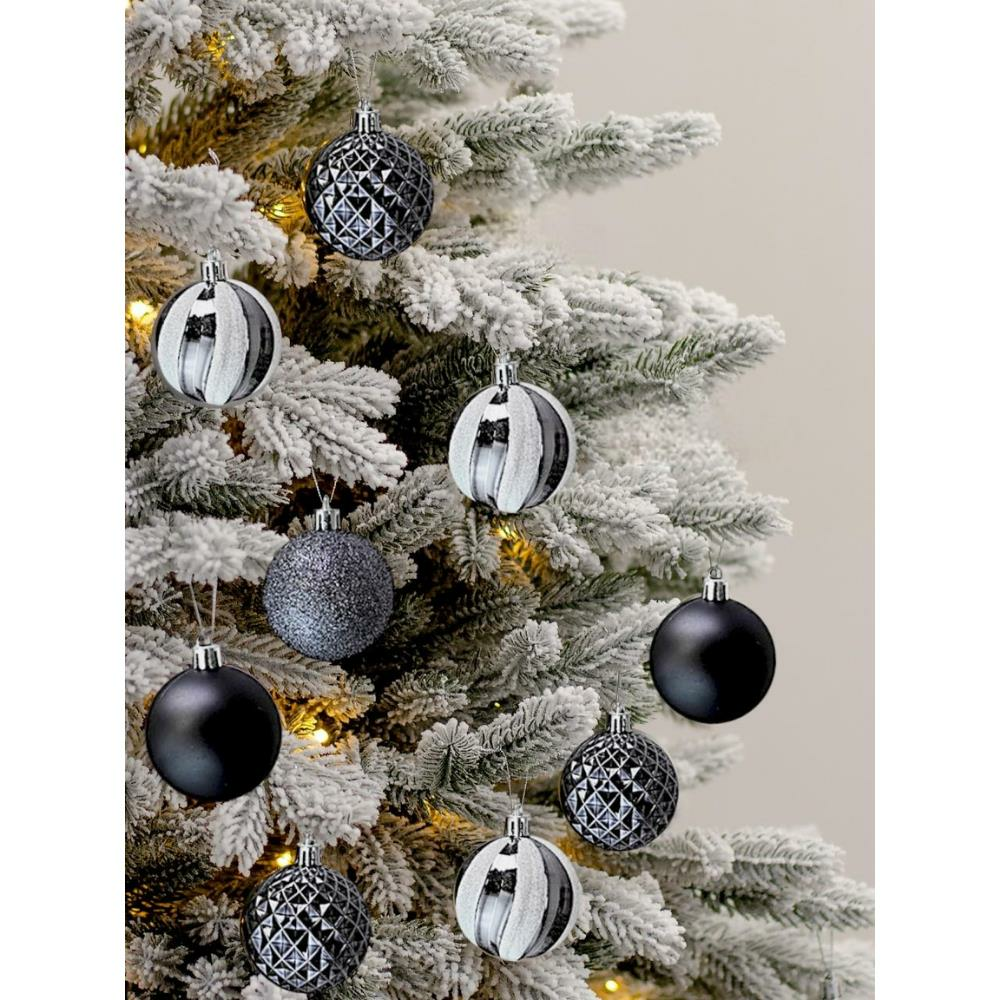 Yılbaşı Topu Kutulu Çam Ağacı Süsleri Siyah-Gri 6 cm 16'lı
