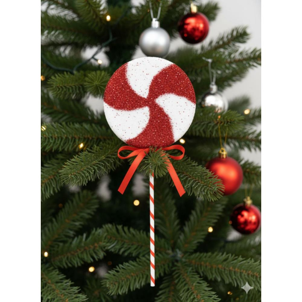 Yılbaşı Ağaç Süsü Dekoratif Simli Lolipop Şeker 45 cm