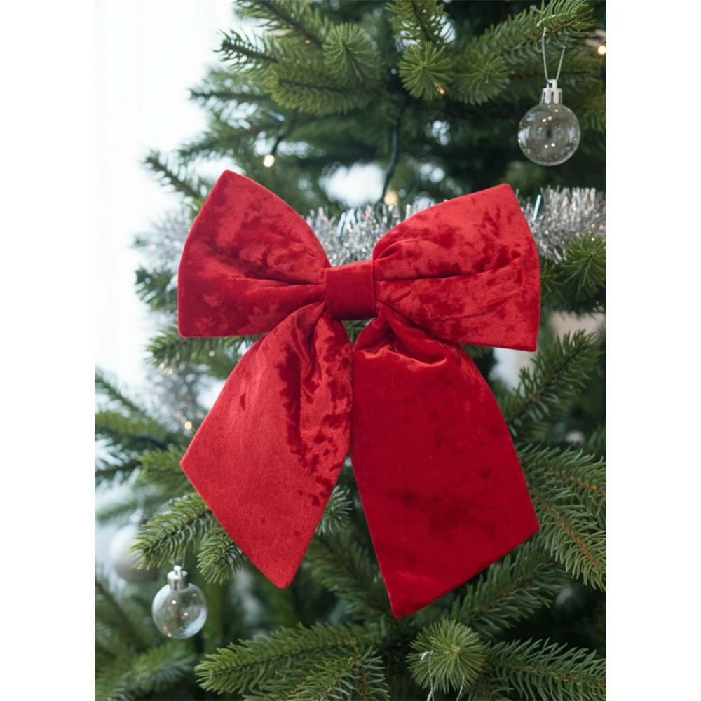 Yılbaşı Ağaç Süsü Kadife Fiyonk Sünger Dolgulu Kurdele Dekor Süsü Kırmızı 30 cm