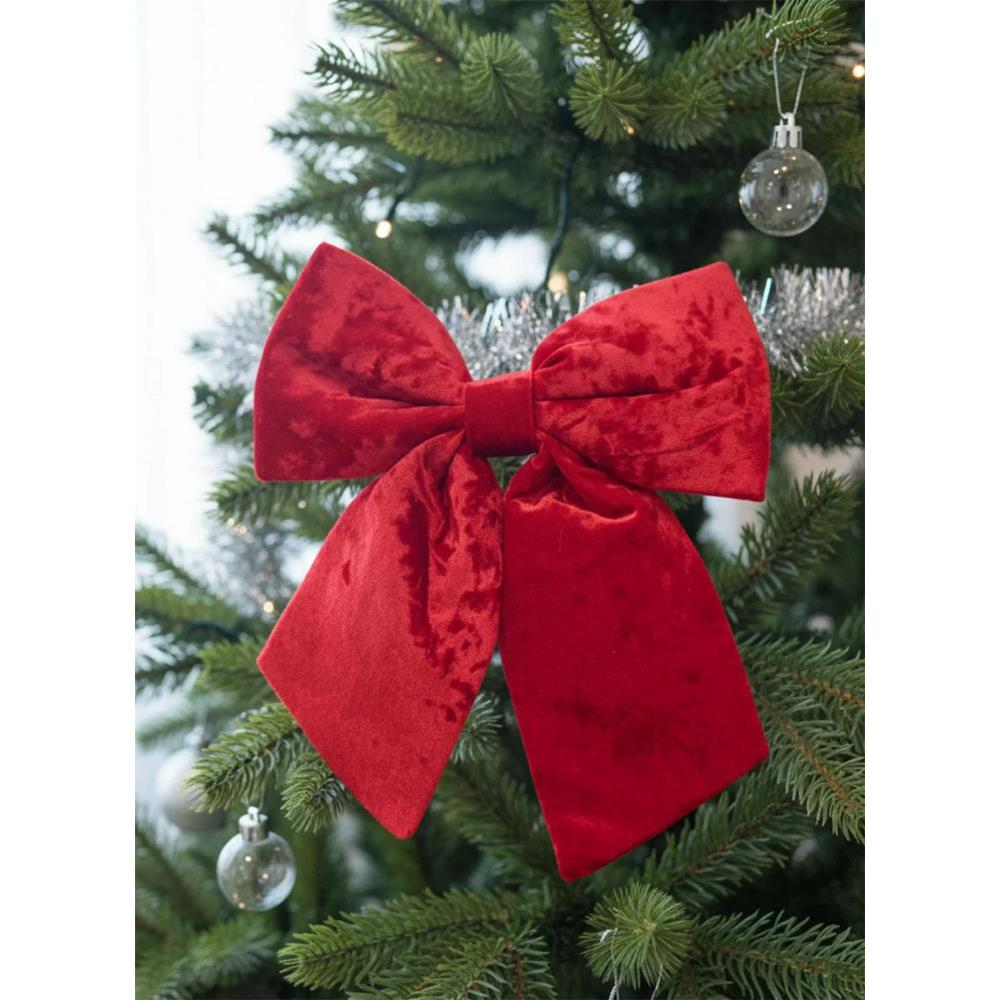 Yılbaşı Ağaç Süsü Kadife Fiyonk Sünger Dolgulu Kurdele Dekor Süsü Kırmızı 30 cm