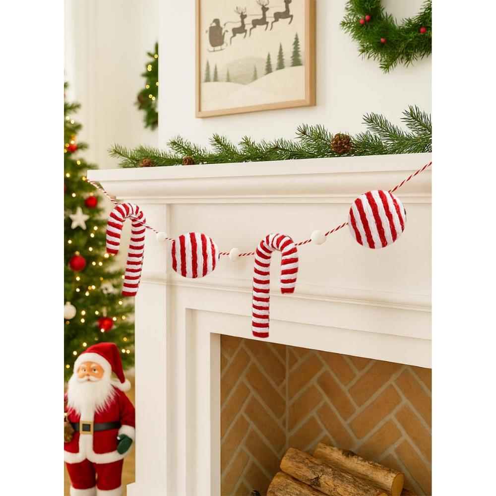 Yılbaşı Dekor Süsleri Baston Şeker Top Figürlü Garland Kırmızı Beyaz 180 cm