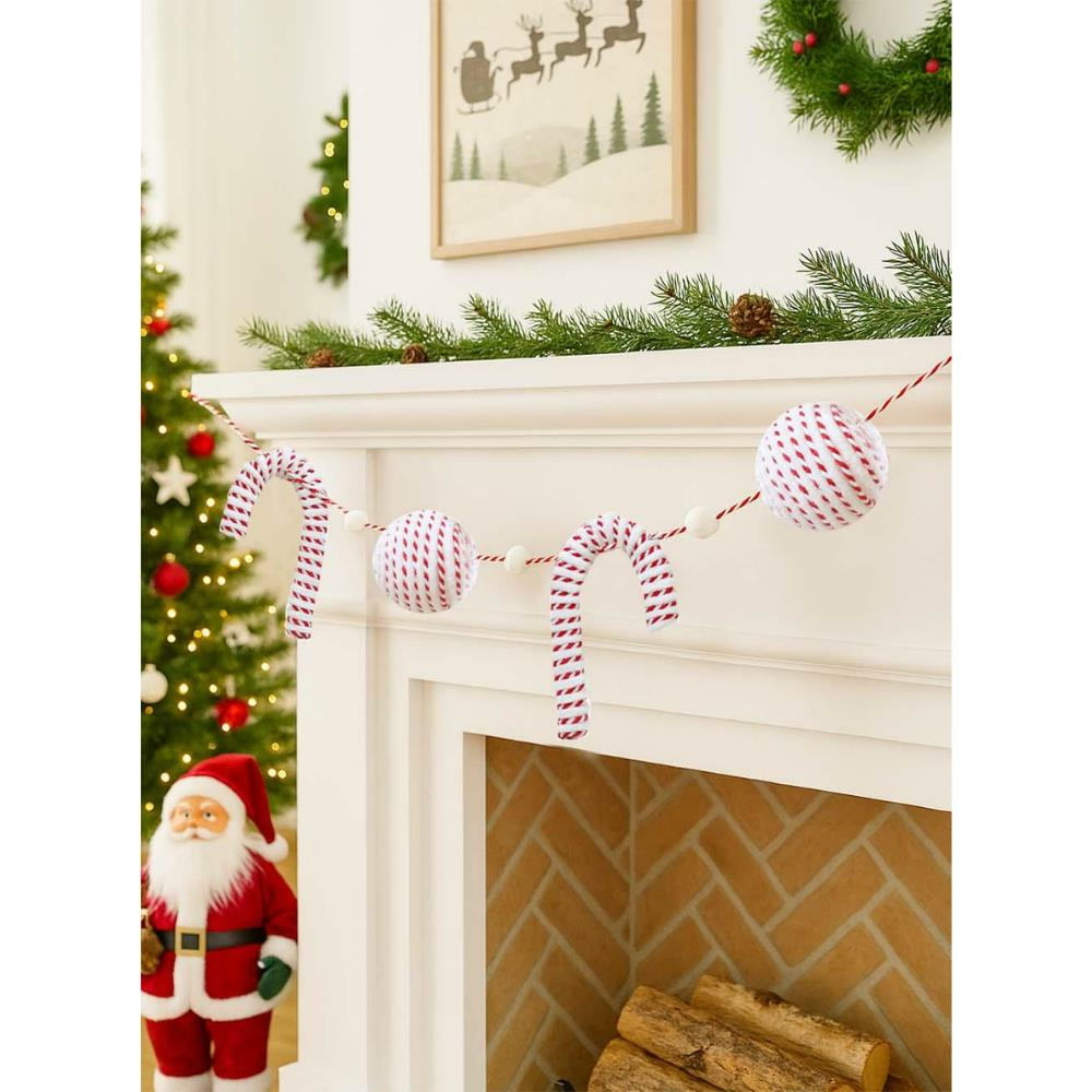 Yılbaşı Dekor Süsleri Baston Şeker Top Figürlü Garland Beyaz Kırmızı 180 cm