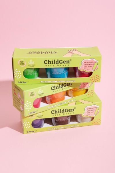 ChildGen Play Dough Doğal Oyun Hamuru 3'lü Set MOR BEYAZ KAHVERENGİ 3x125gr - Premium Kavanoz