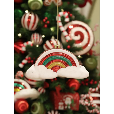 Yılbaşı Ağaç Süsü Gökkuşağı ve Bulut Detaylı Simli Dekor Kırmızı 20 cm