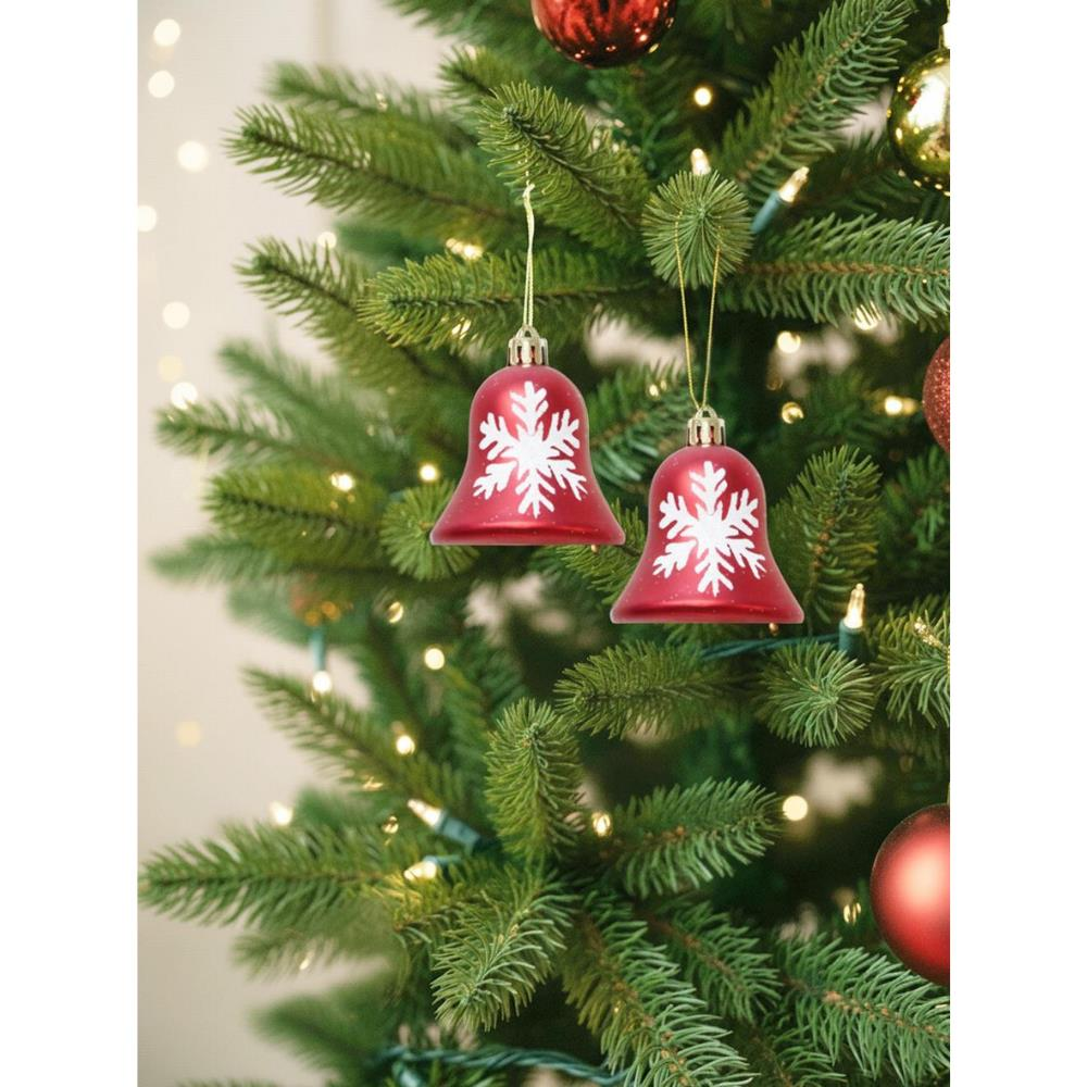 Yılbaşı Ağaç Süsü Çan Figürlü Kırmızı-Beyaz Kar Tanesi Desenli 7 cm 2'li Set
