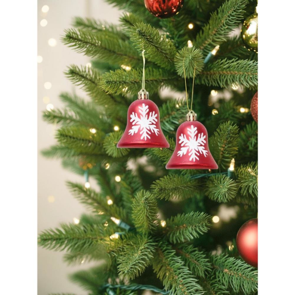 Yılbaşı Ağaç Süsü Çan Figürlü Kırmızı-Beyaz Kar Tanesi Desenli 7 cm 2'li Set