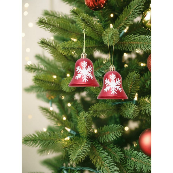 Yılbaşı Ağaç Süsü Çan Figürlü Kırmızı-Beyaz Kar Tanesi Desenli 7 cm 2'li Set