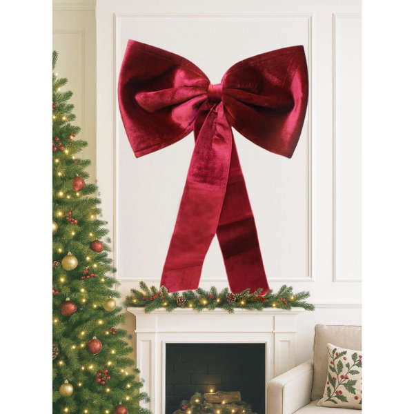 Yılbaşı Dekoratif Kadife Fiyonk Büyük Boy Kapı ve Duvar Süsü Bordo 75 cm