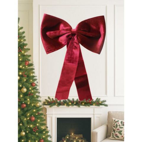 Yılbaşı Dekoratif Kadife Fiyonk Büyük Boy Kapı ve Duvar Süsü Bordo 75 cm