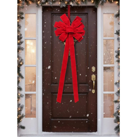 Yılbaşı Dekoratif Kadife Fiyonk Büyük Boy Kapı ve Duvar Süsü Kırmızı 32 cm