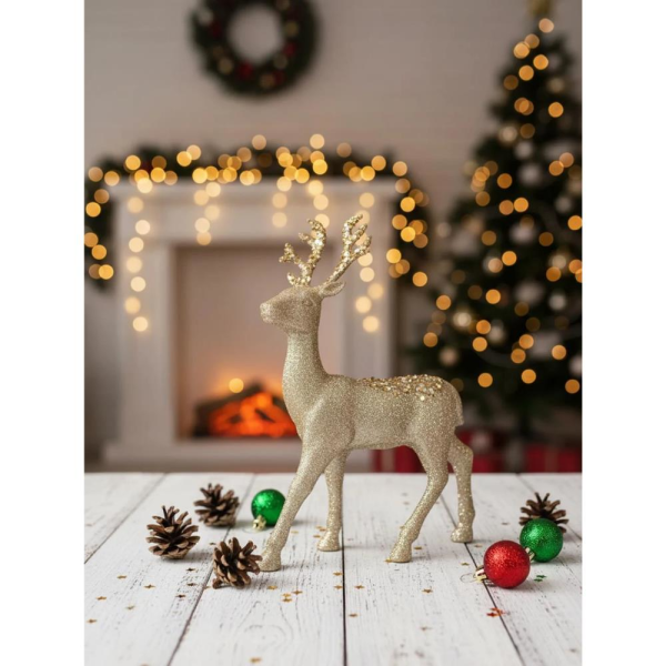 Yılbaşı Dekor Süsü Simli Payet Detaylı Dekoratif Geyik Şampanya 23x32 cm