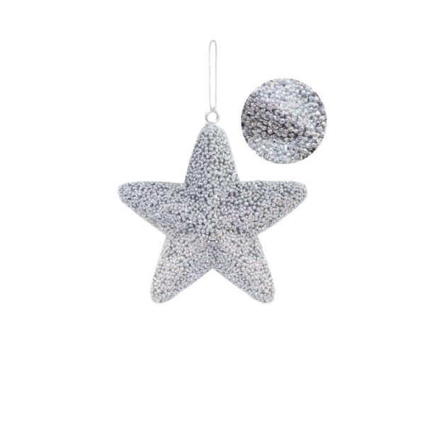 Yılbaşı Ağaç Süsü Kabartma Detaylı Simli Yıldız Dekoratif Süs Gümüş 15 cm