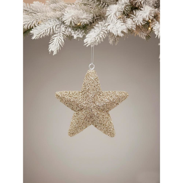 Yılbaşı Ağaç Süsü Kabartma Detaylı Simli Yıldız Dekoratif Süs Şampanya 15 cm