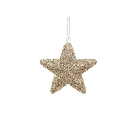 Yılbaşı Ağaç Süsü Kabartma Detaylı Simli Yıldız Dekoratif Süs Şampanya 15 cm