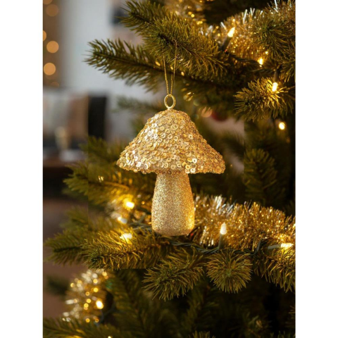 Yılbaşı Ağaç Süsü Mantar Figürlü Asılabilir Pul Payet İşlemeli Dekoratif Süs Altın 10 cm