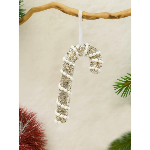 Yılbaşı Ağaç Süsü İnci ve Payet Detaylı Baston Şeker Dekoratif Süs Altın  16 cm